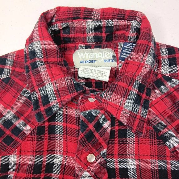 Wrangler Wrancher Mens Large Flannel Shirt Red Plaid Western Pearl Snap Cowboy - Picture 6 of 14